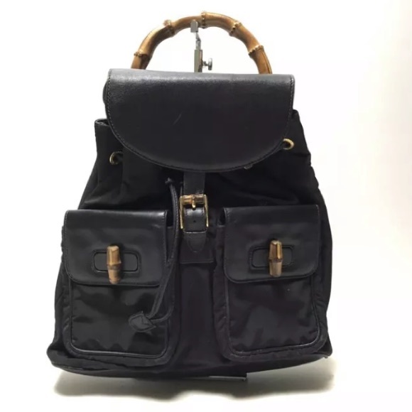 Vintage Authentic GUCCI Bamboo Nylon x Leather Backpack Black 6306 - Picture 1 of 5